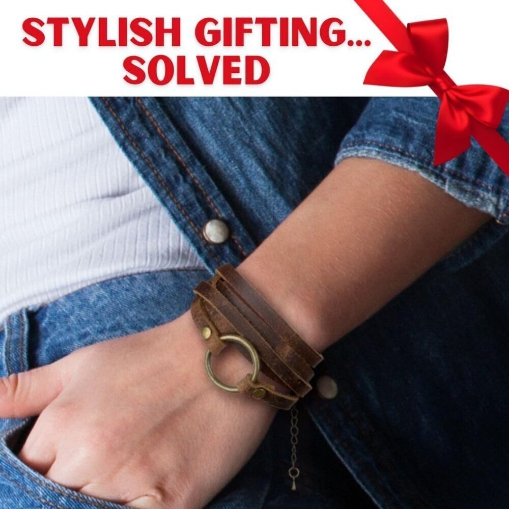 Leather Wrap Circle Bracelet 5-Wrap Adjustable Boho Jewelry for Women - Picture 2 of 9